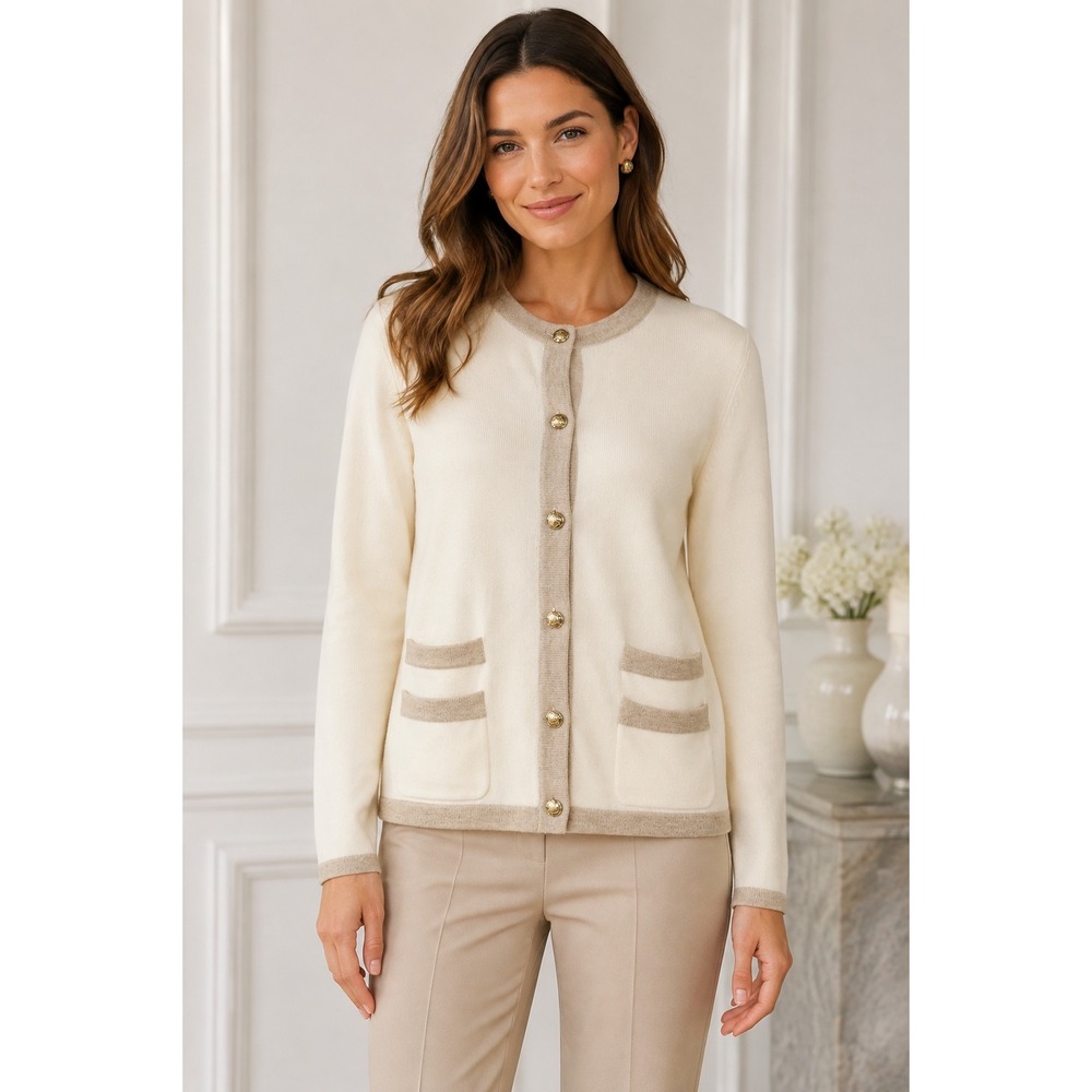 J.McLaughlin XL Cream Cashmere Cardigan Gold Buttons Quiet Luxury Preppy